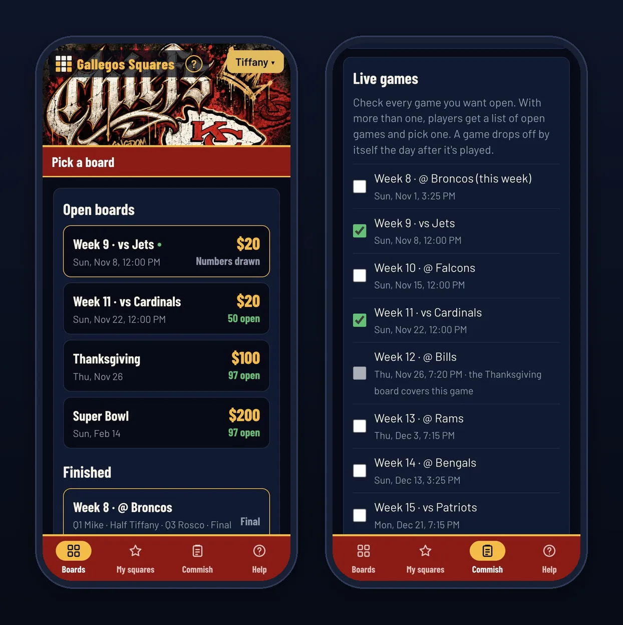 The board list and the commish Live games checklist