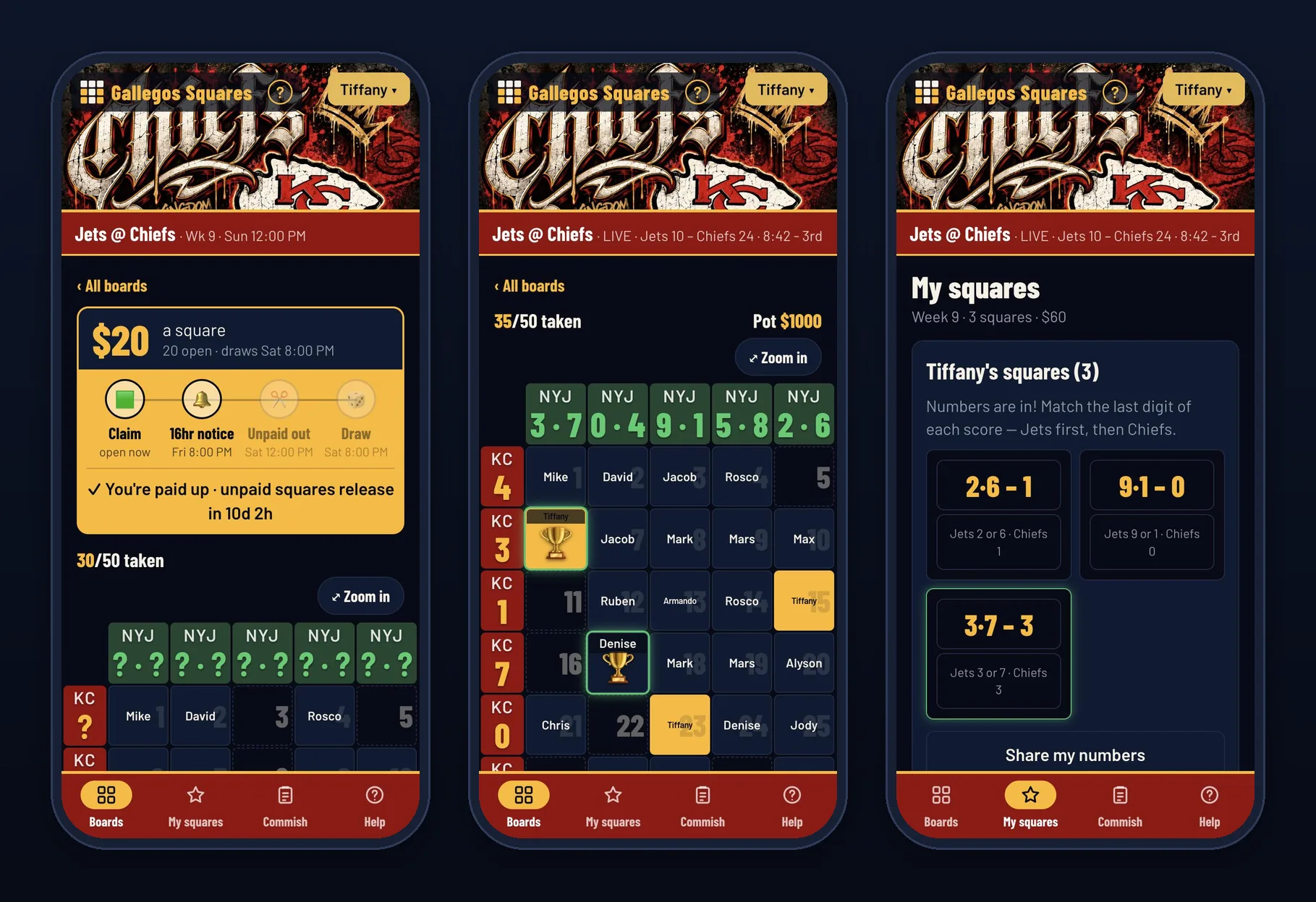 A board before the draw, a live board with winners, and My squares